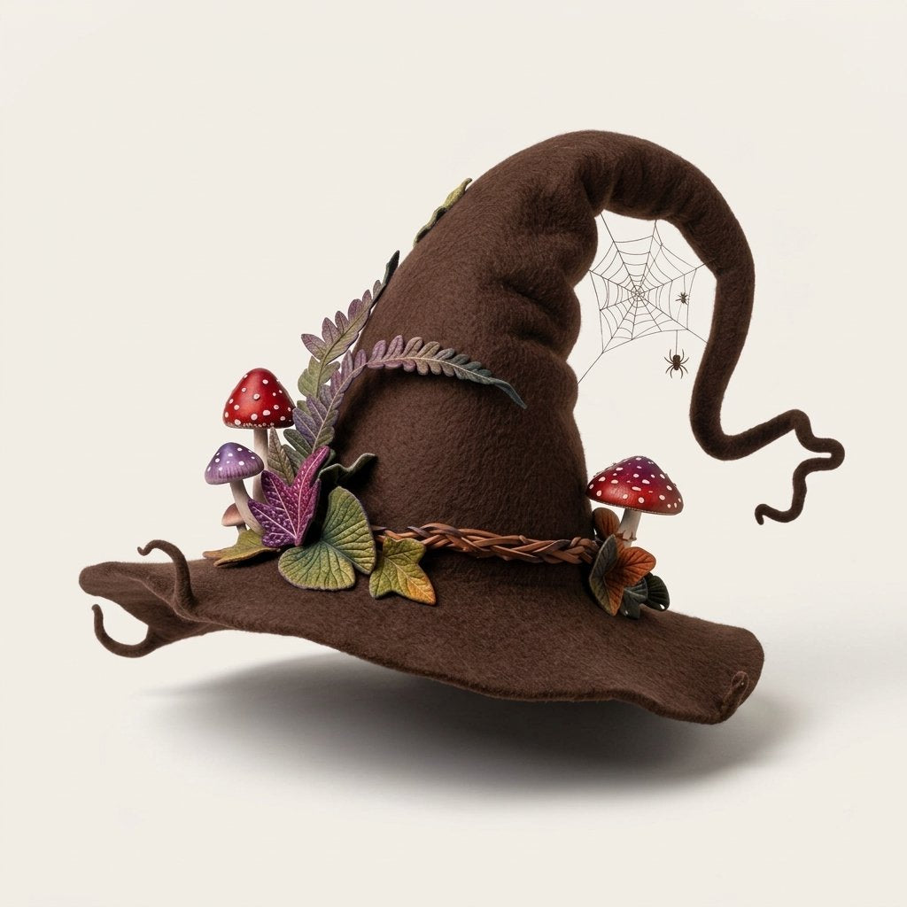 Handmade Felted Wool Witch Hat with Spiderweb Embroidery and Floral Accents — Brown