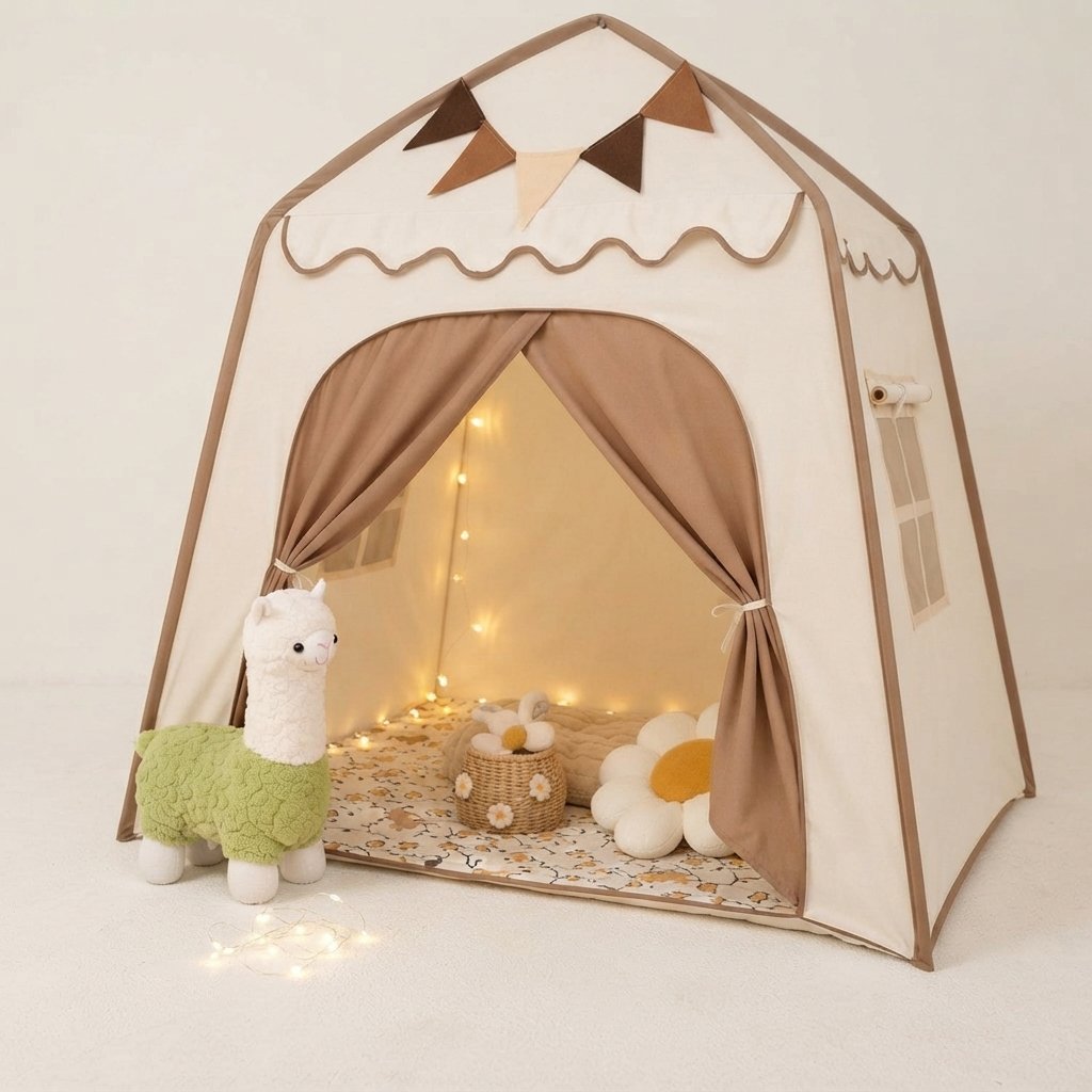 Kids House Play Tent with Canopy — Beige & Brown