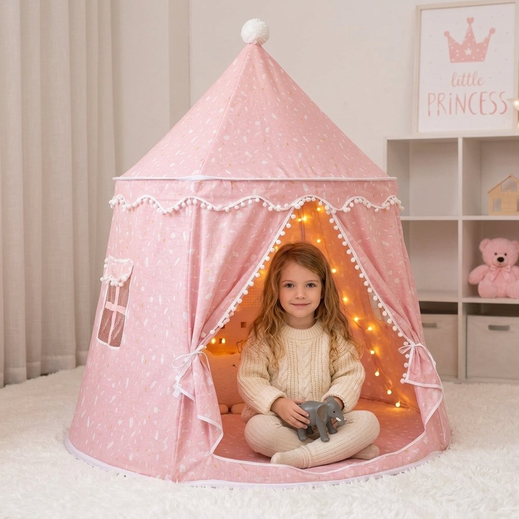 Kids Indoor Play Tent with Pom-Pom Trim — Pink Cotton