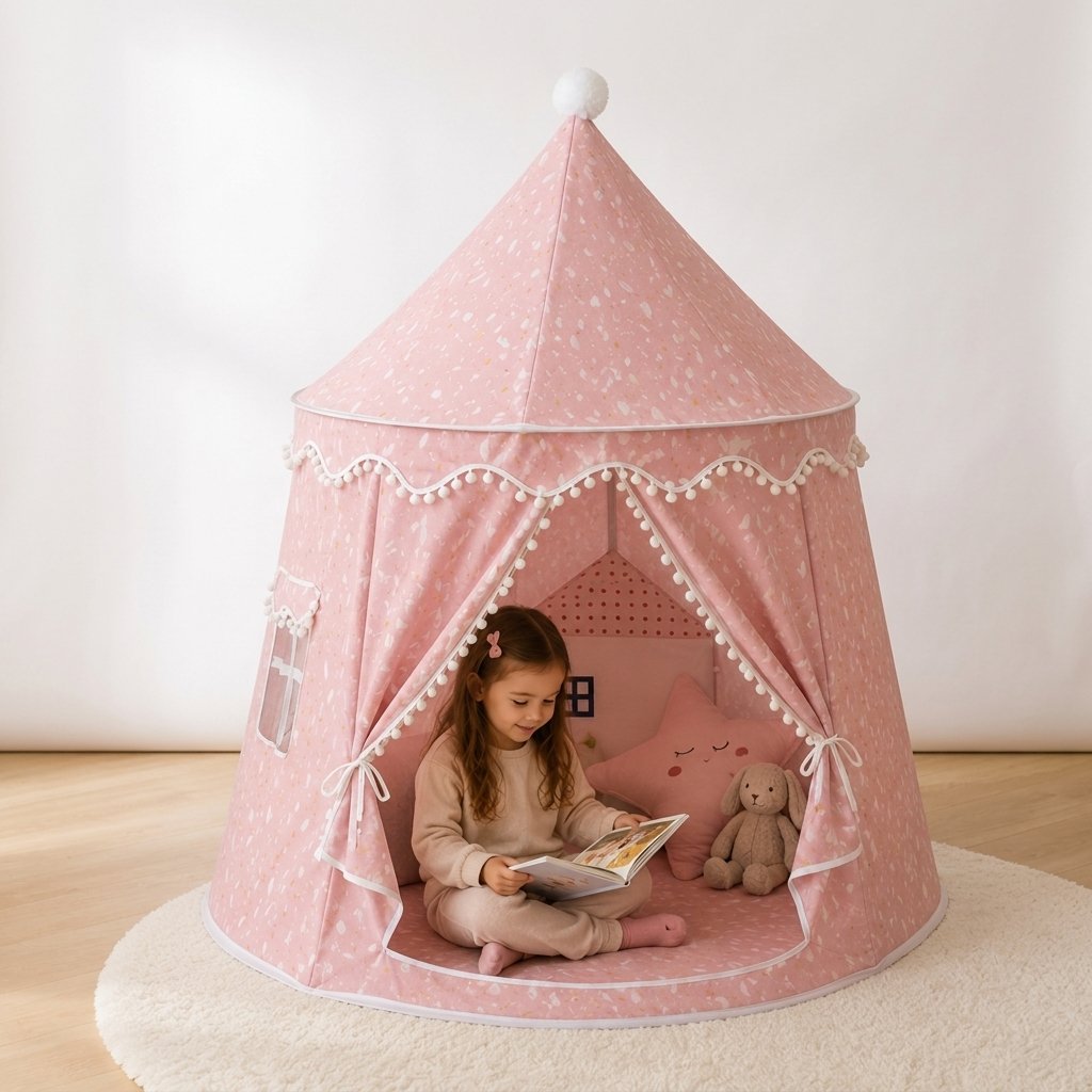 Kids Play Tent with Pom-Pom Trim — Pink Cotton