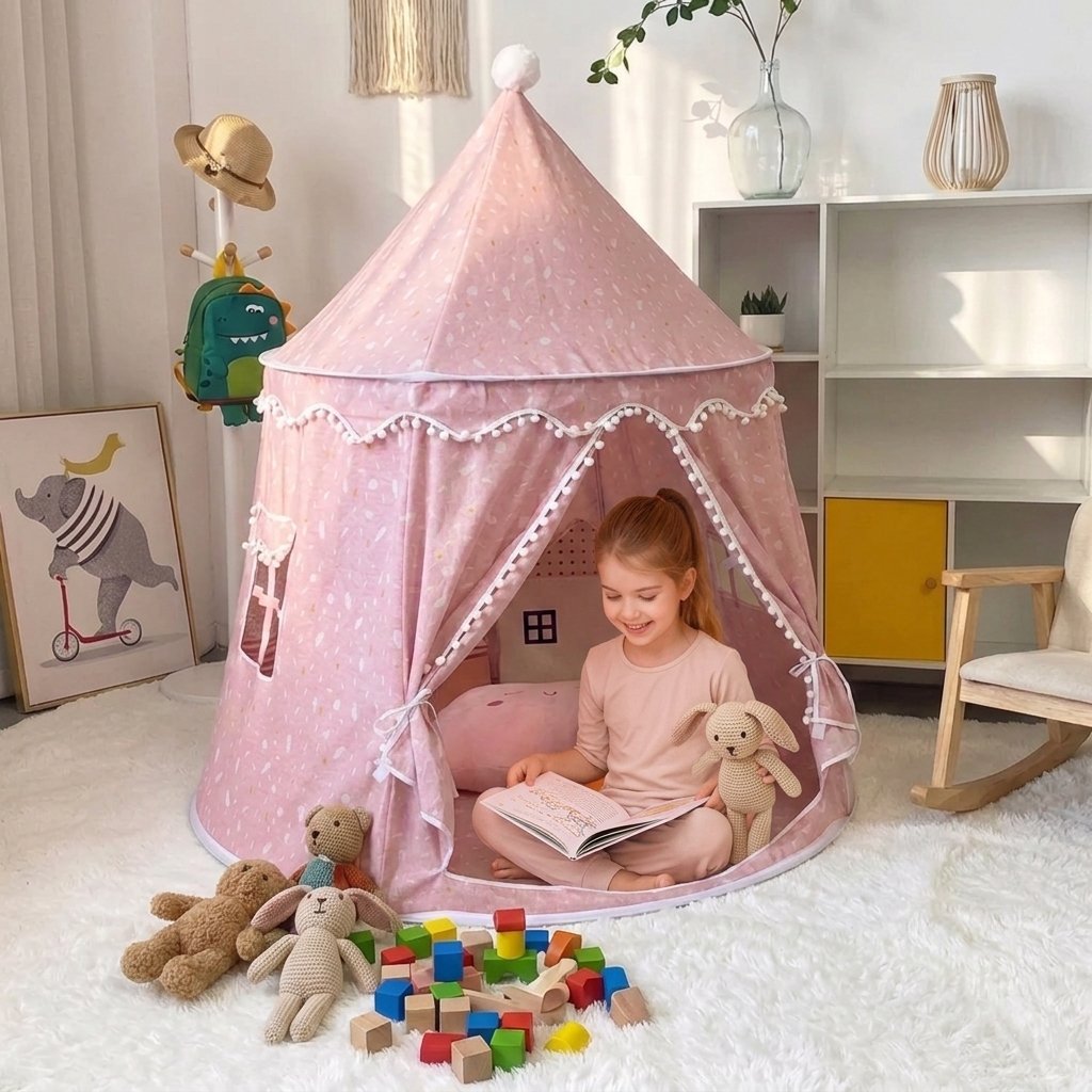 Princess Castle Play Tent with Pom-Pom Trim — Pink Cotton