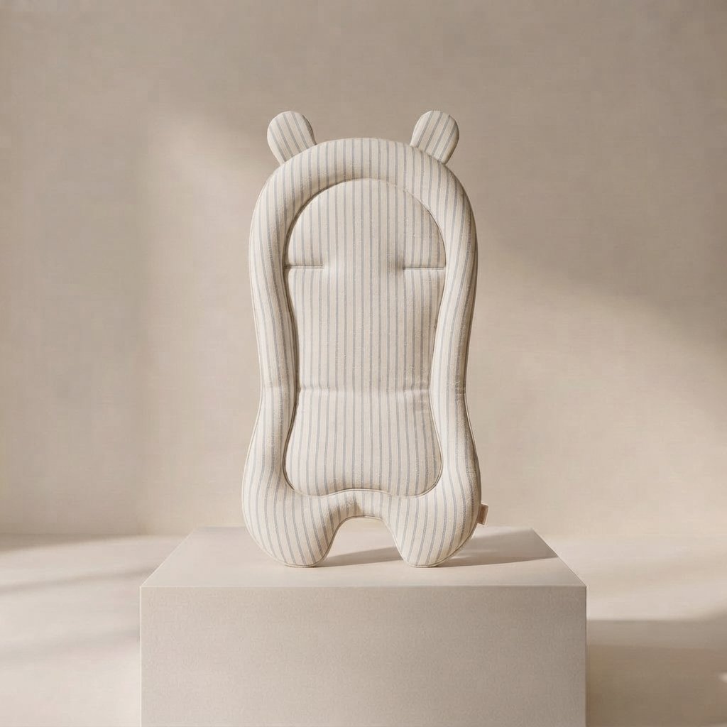 Bear-Ear Pushchair Seat Cushion — Blue Stripe Bear