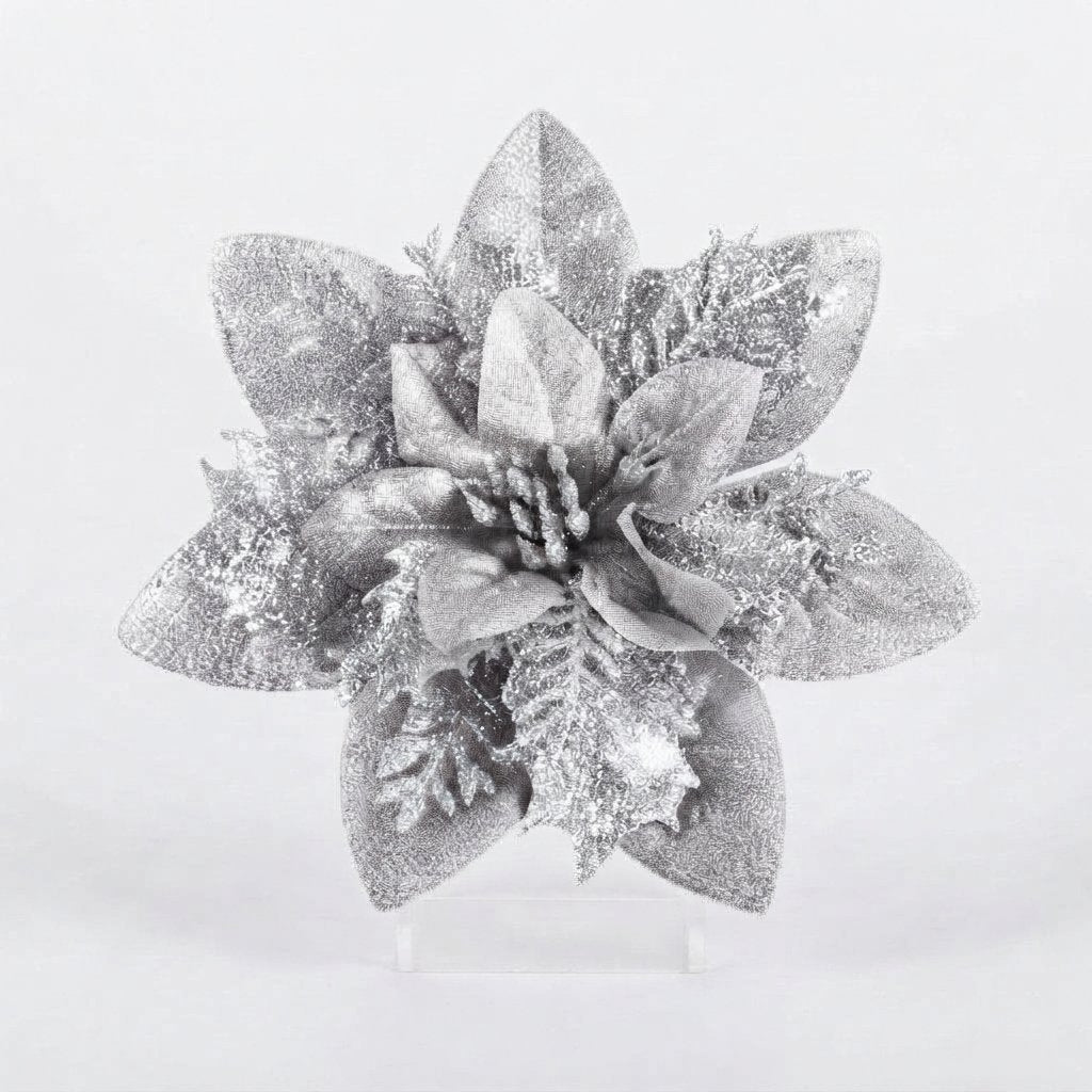 Glitter Poinsettia Tree Ornaments — Silver