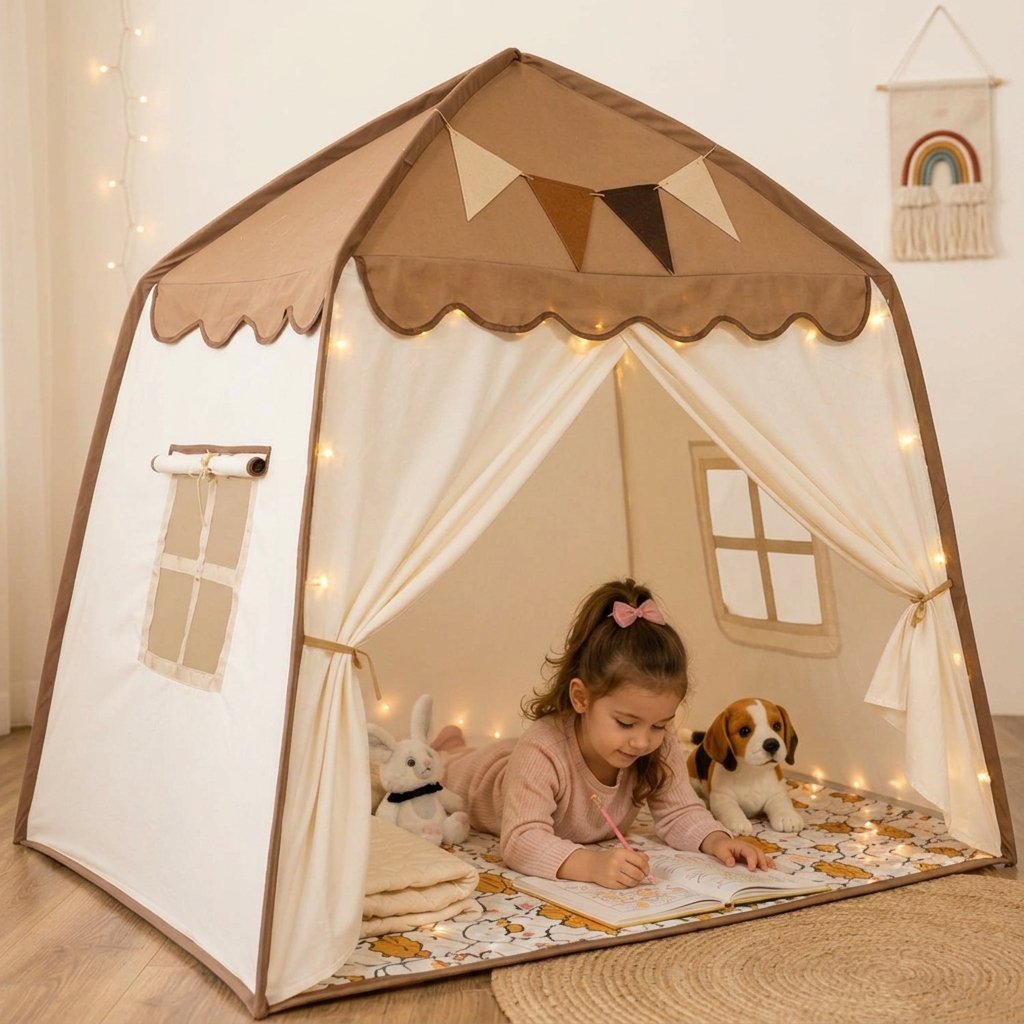 Kids House Play Tent with Canopy — Beige & Brown Canopy