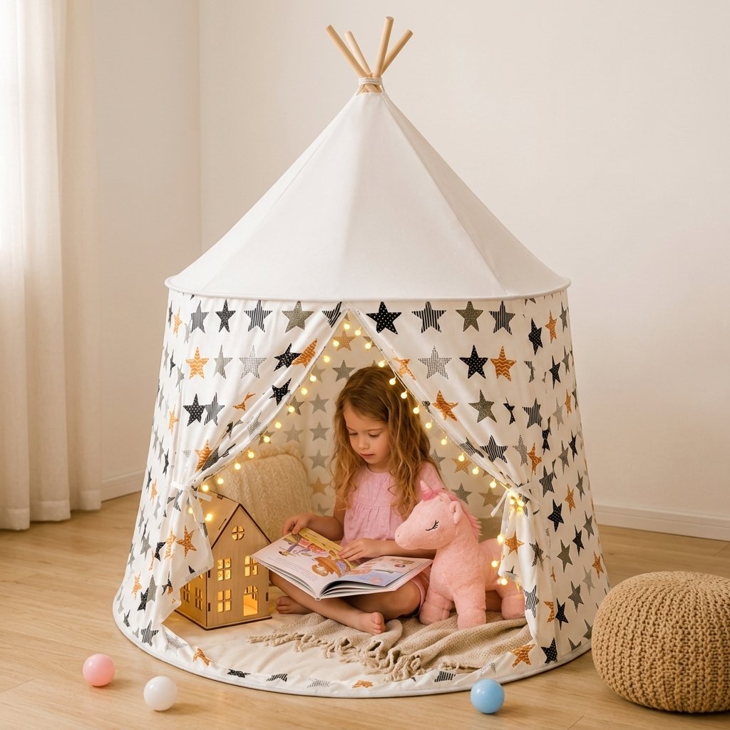 Kids Indoor Play Tent with Pom-Pom Trim — Stars
