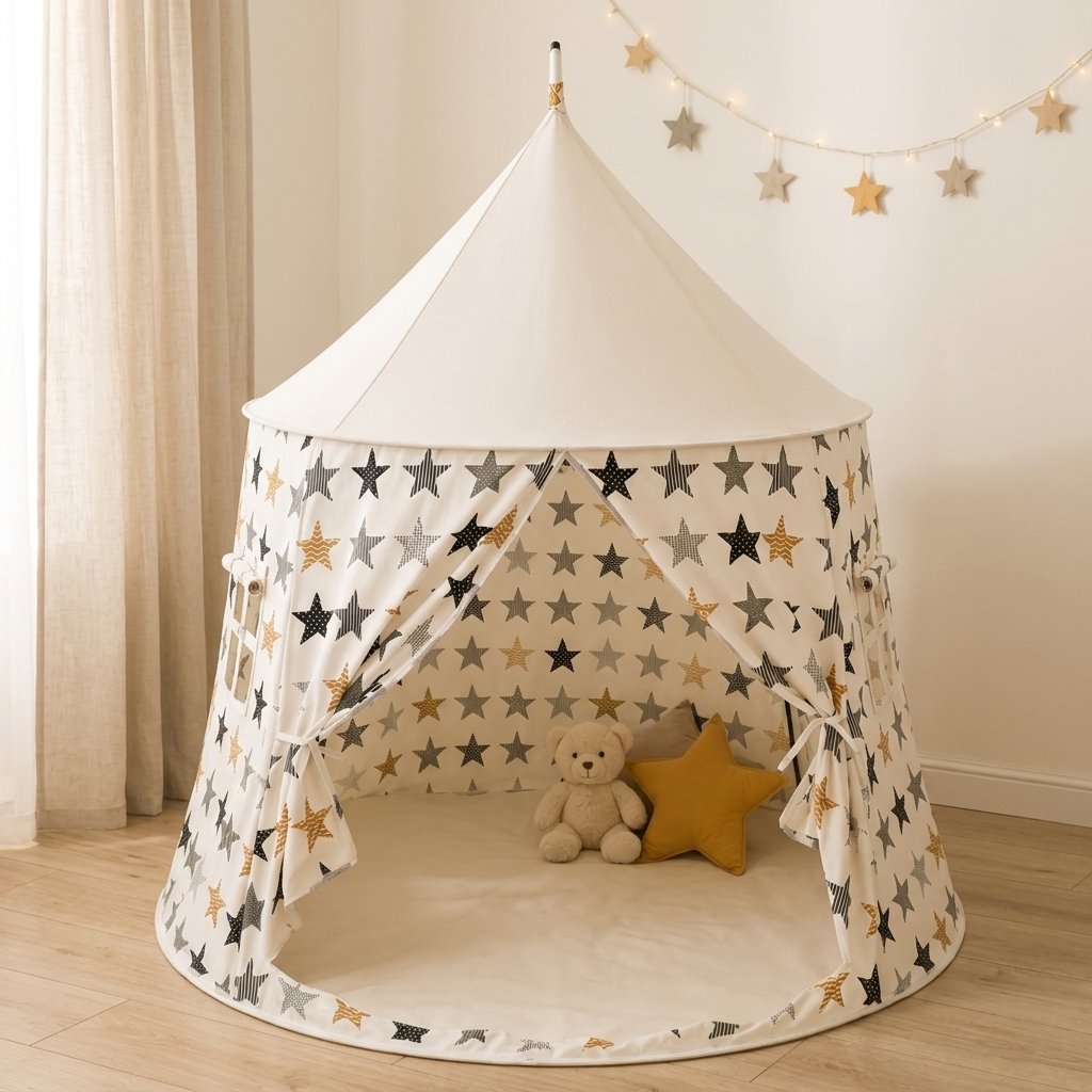 Kids Play Tent with Pom-Pom Trim — Stars