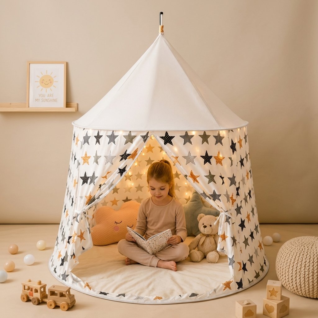 Princess Castle Play Tent with Pom-Pom Trim — Stars