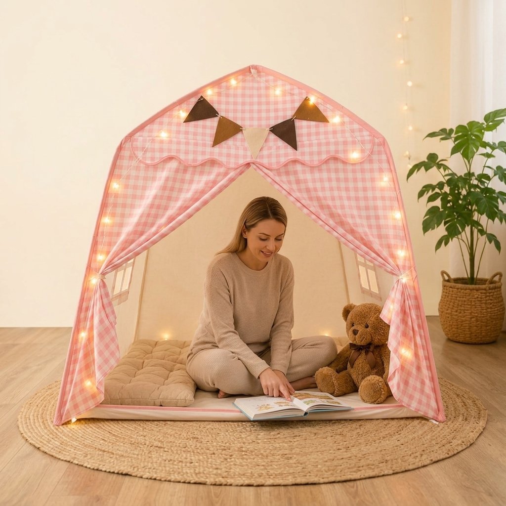 Kids House Play Tent with Canopy — Pink Gingham