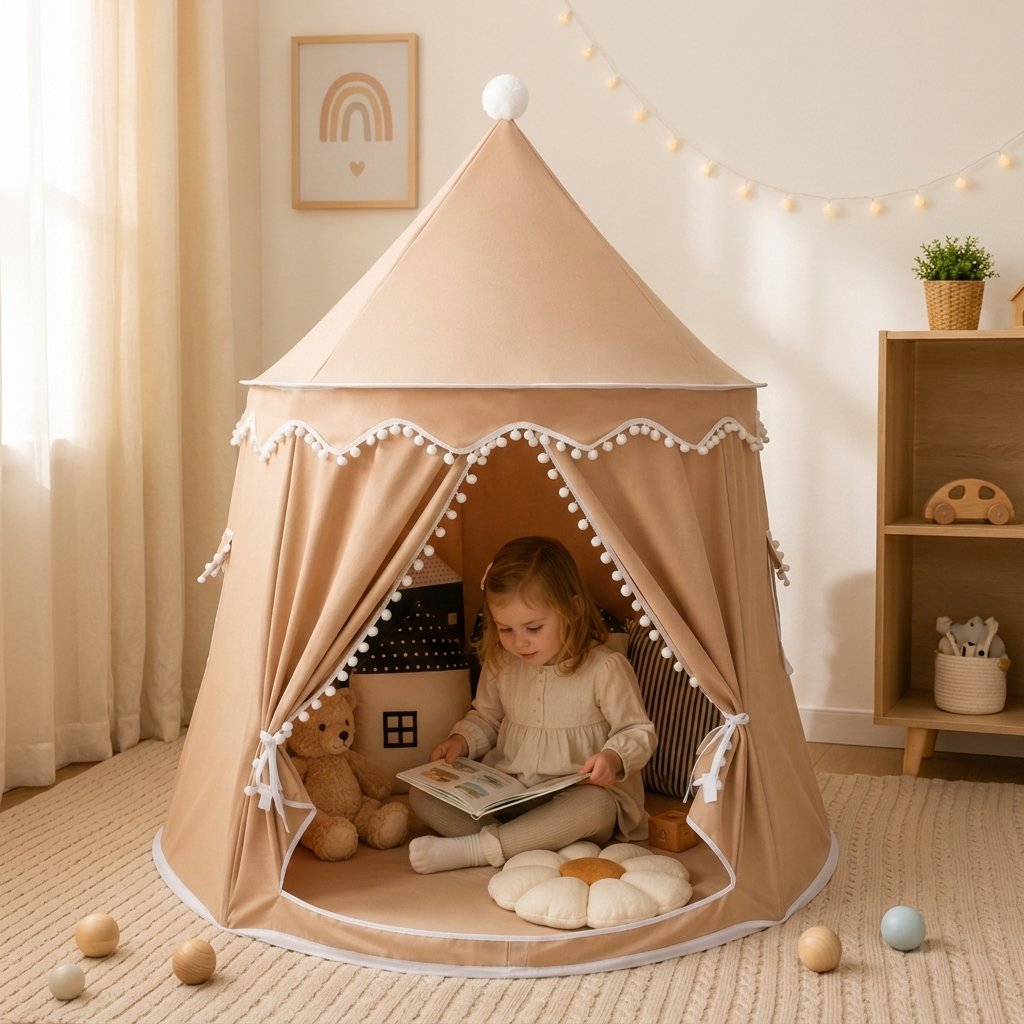 Kids Indoor Play Tent with Pom-Pom Trim — Coffee