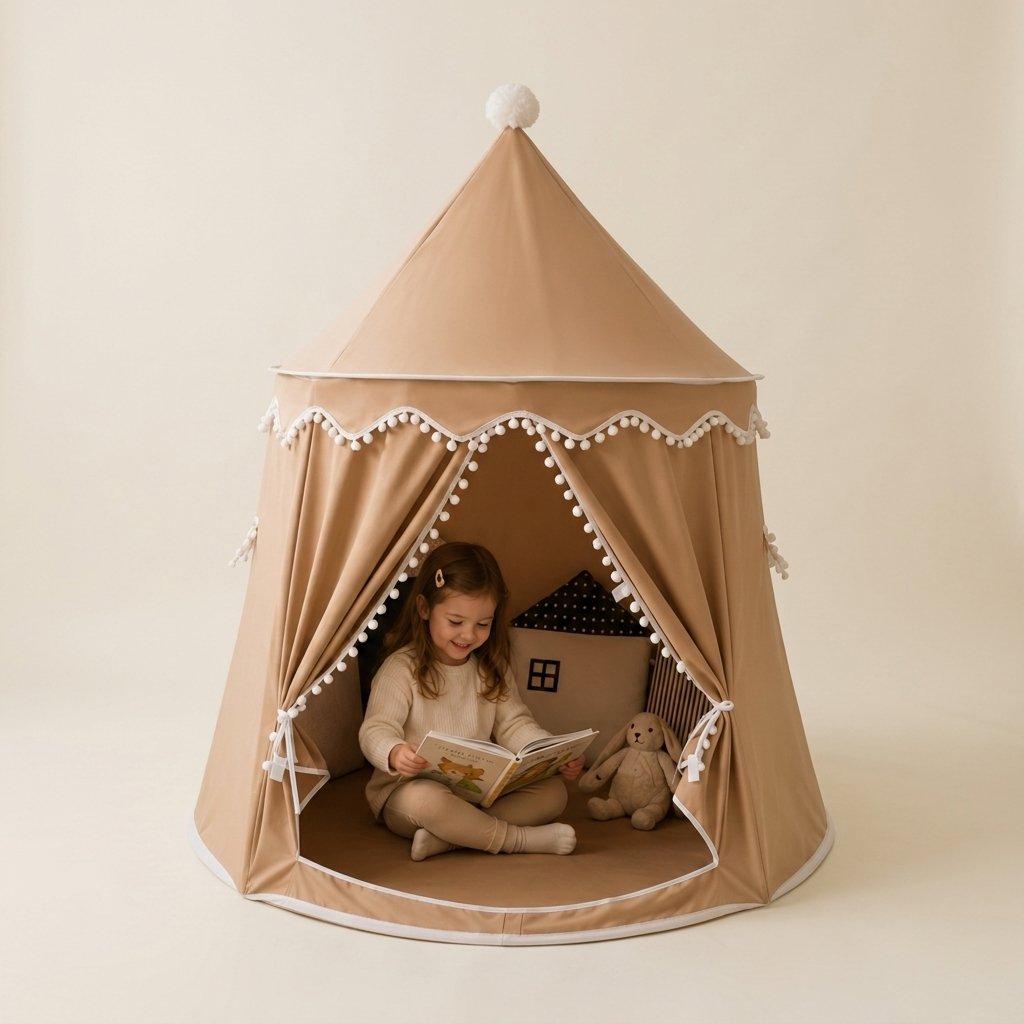 Kids Play Tent with Pom-Pom Trim — Coffee
