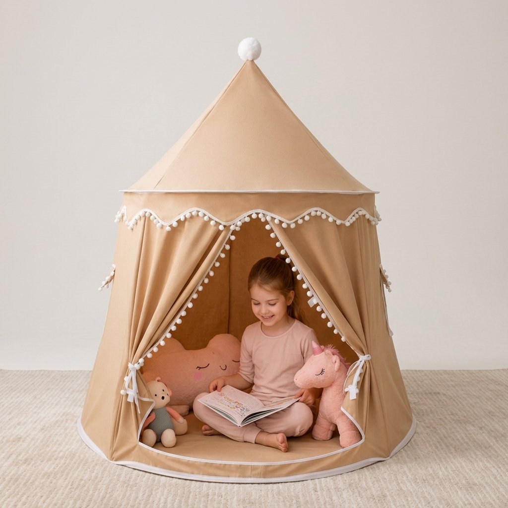 Princess Castle Play Tent with Pom-Pom Trim — Coffee
