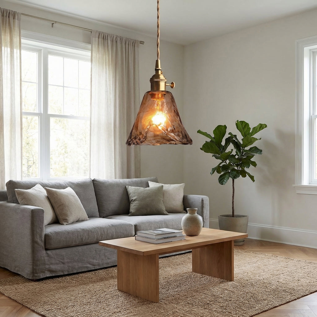 Vintage Amber Glass Bell Pendant Light