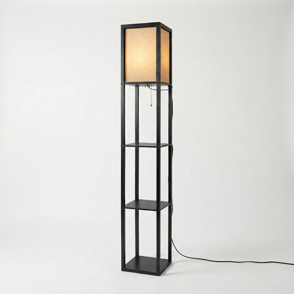 Floor Lamp with Fabric Shade and Storage Shelves
