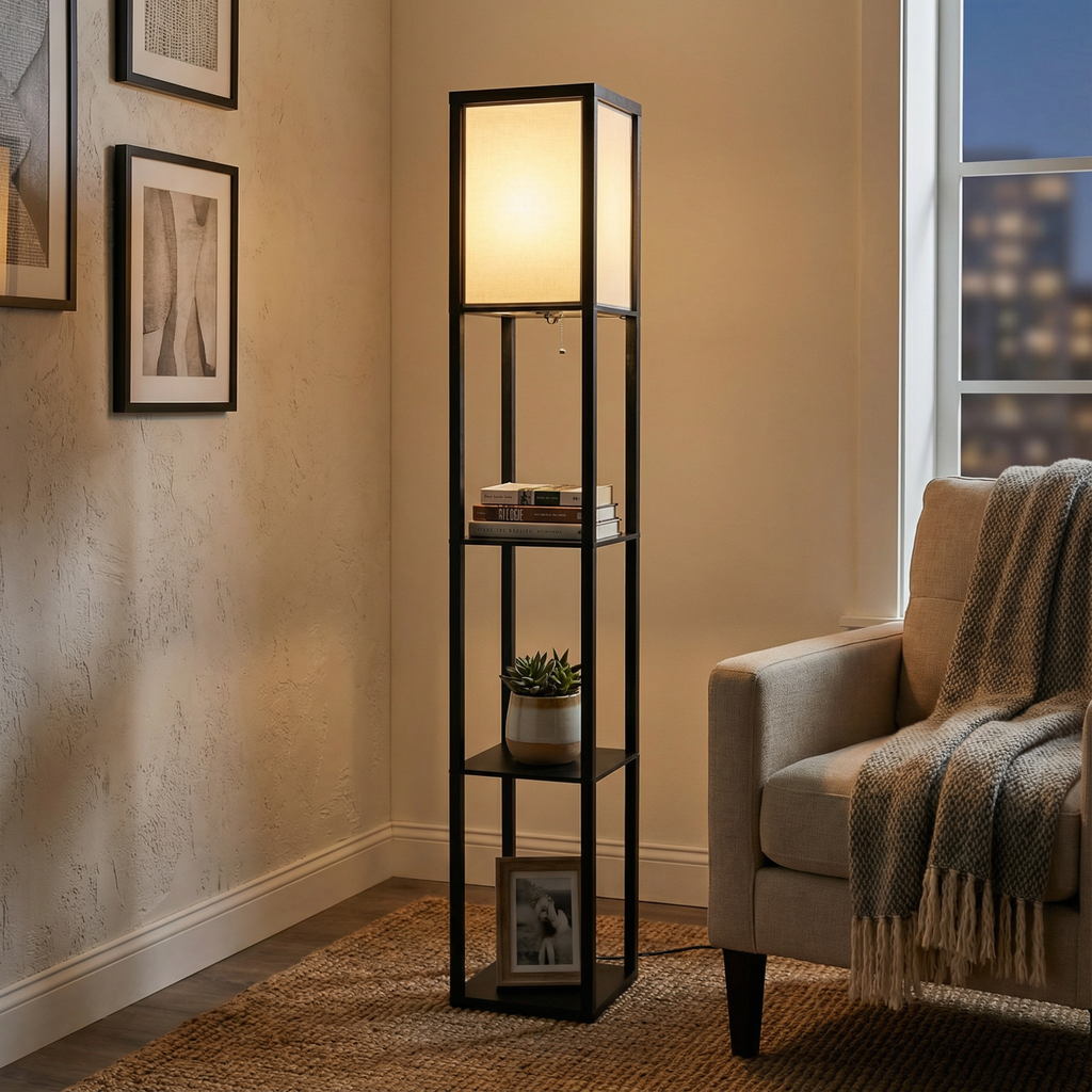 Floor Lamp with Fabric Shade and Storage Shelves