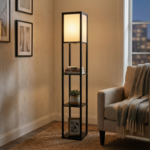 Floor Lamp with Fabric Shade and Storage Shelves