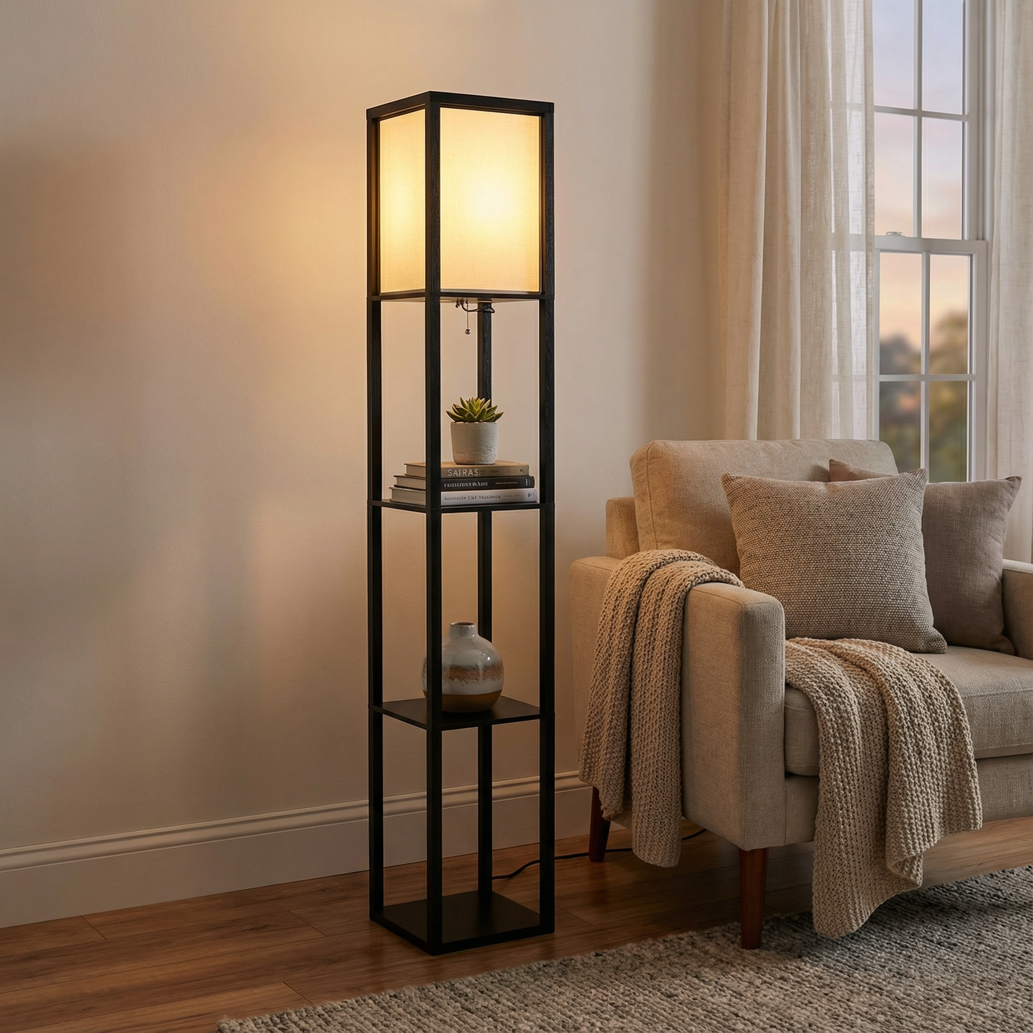 Floor Lamp with Fabric Shade and Storage Shelves
