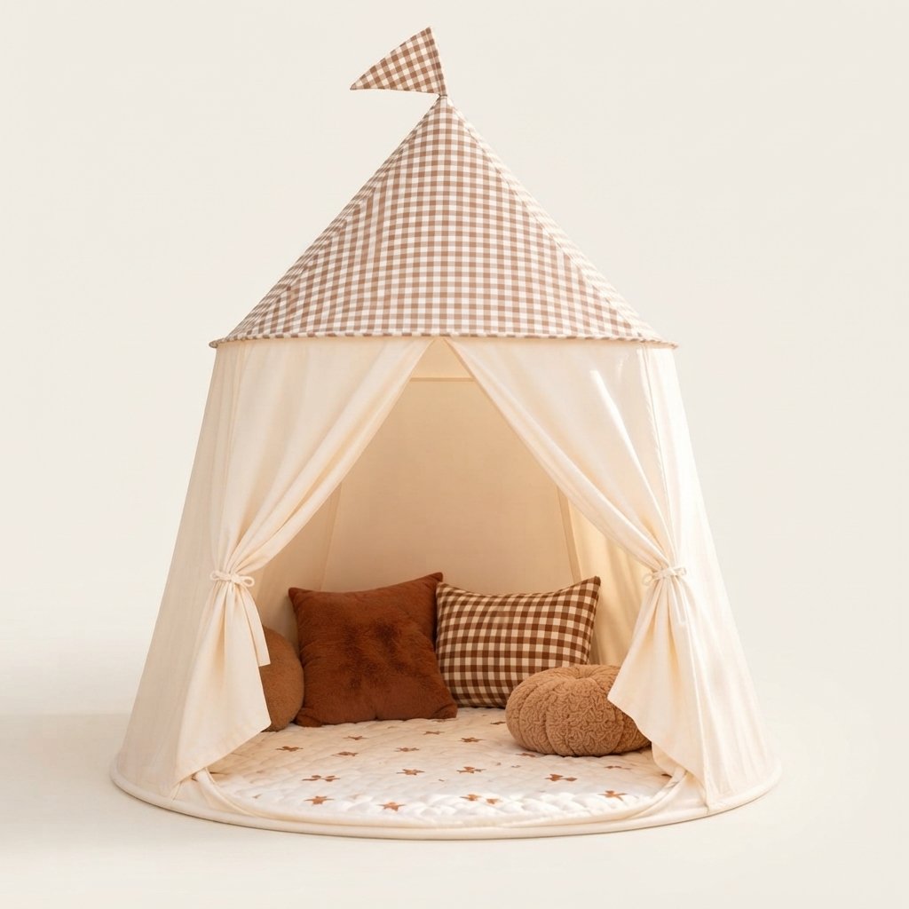 Children's Pop Up Play Tent with Gingham Roof and Flag