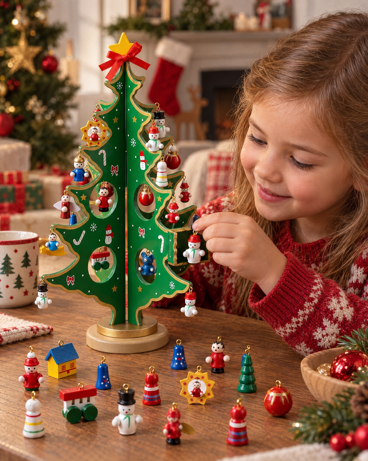 Wooden Tabletop Christmas Tree Advent Calendar with 24 Mini Ornaments for Kids