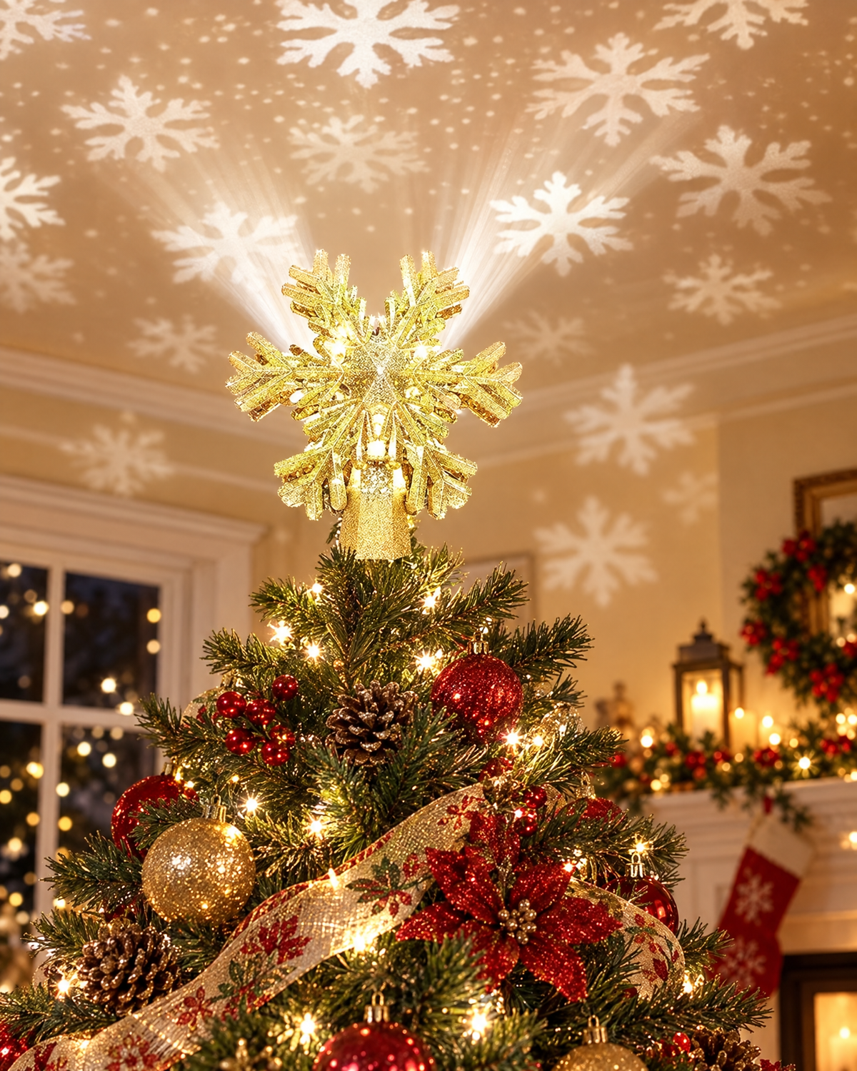 Christmas Tree Topper with LED Snowflake Projector Light
