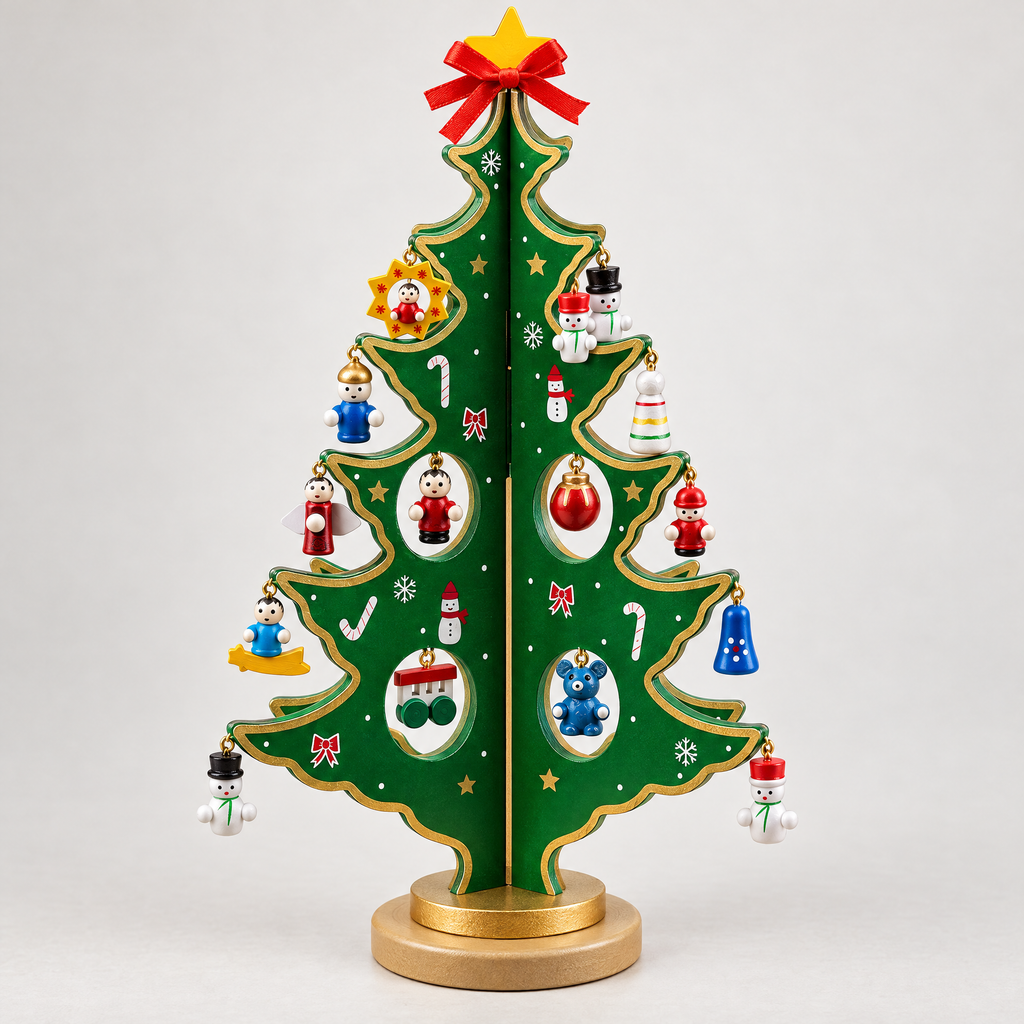 Wooden Tabletop Christmas Tree Advent Calendar with 24 Mini Ornaments for Kids