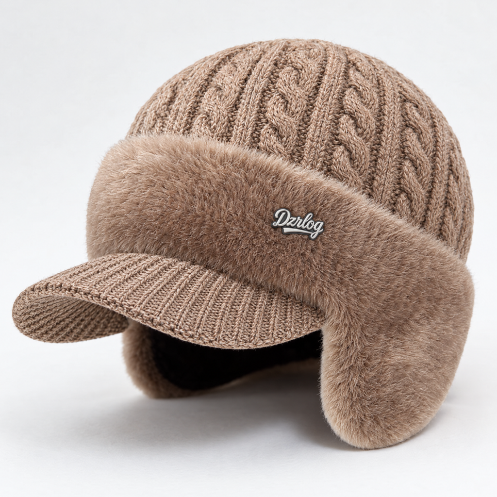 Winter Knit Trapper Hat with Ear Flaps Visor and Fleece Lining