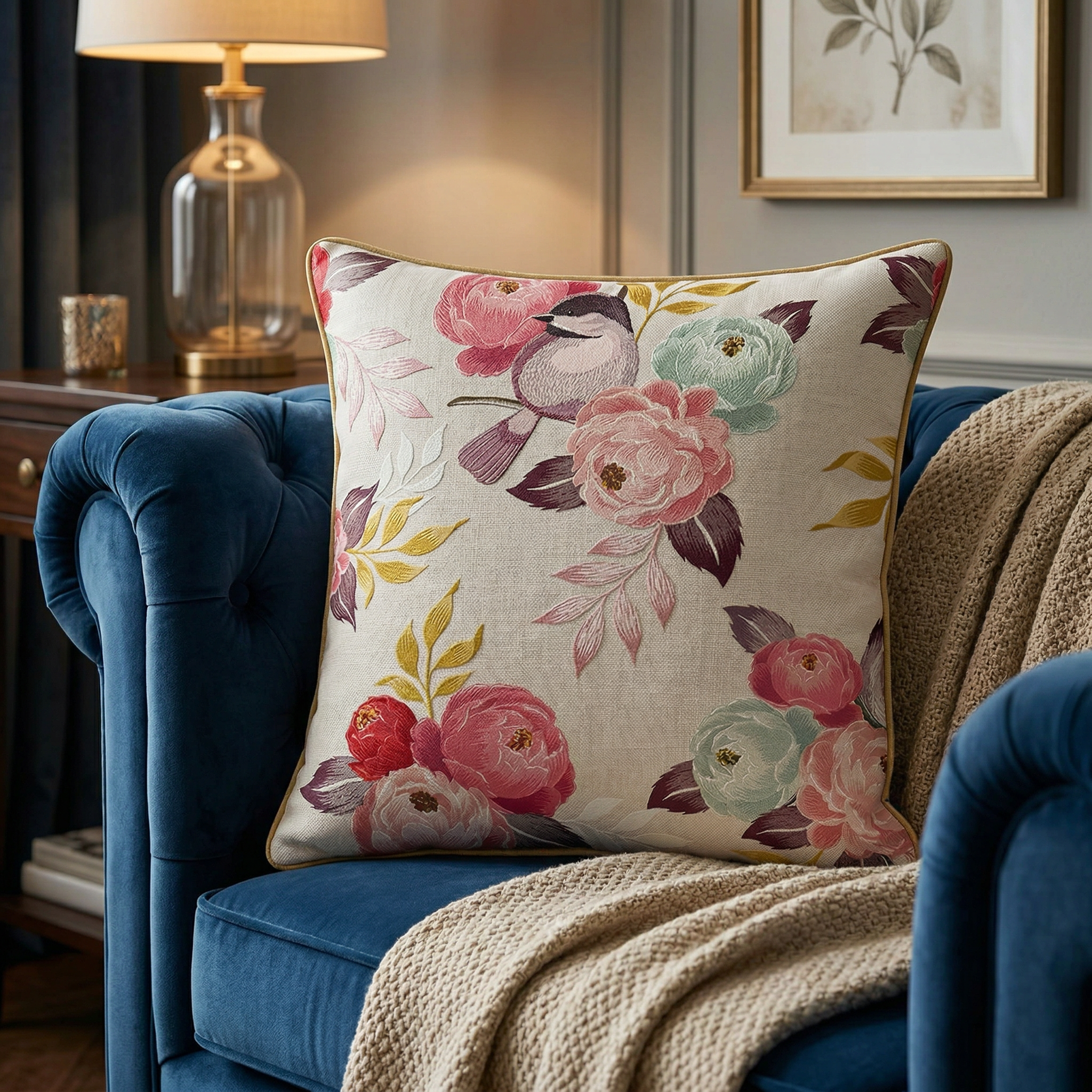 Floral Bird Cushion Pastoral Decorative Throw Pillow
