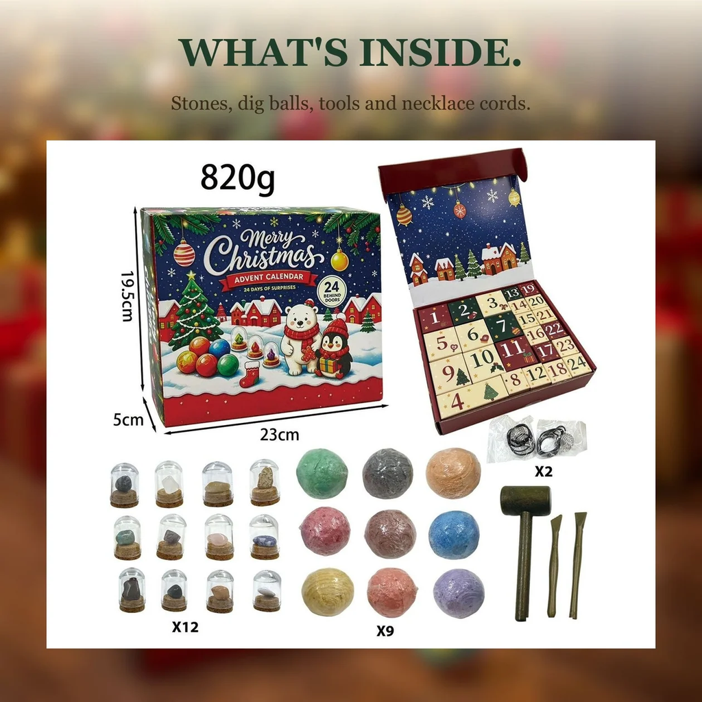 Gemstone Dig Advent Calendar contents: 12 mineral displays, 9 dig balls, hammer, 2 chisels, 2 necklace cords and box dimensions