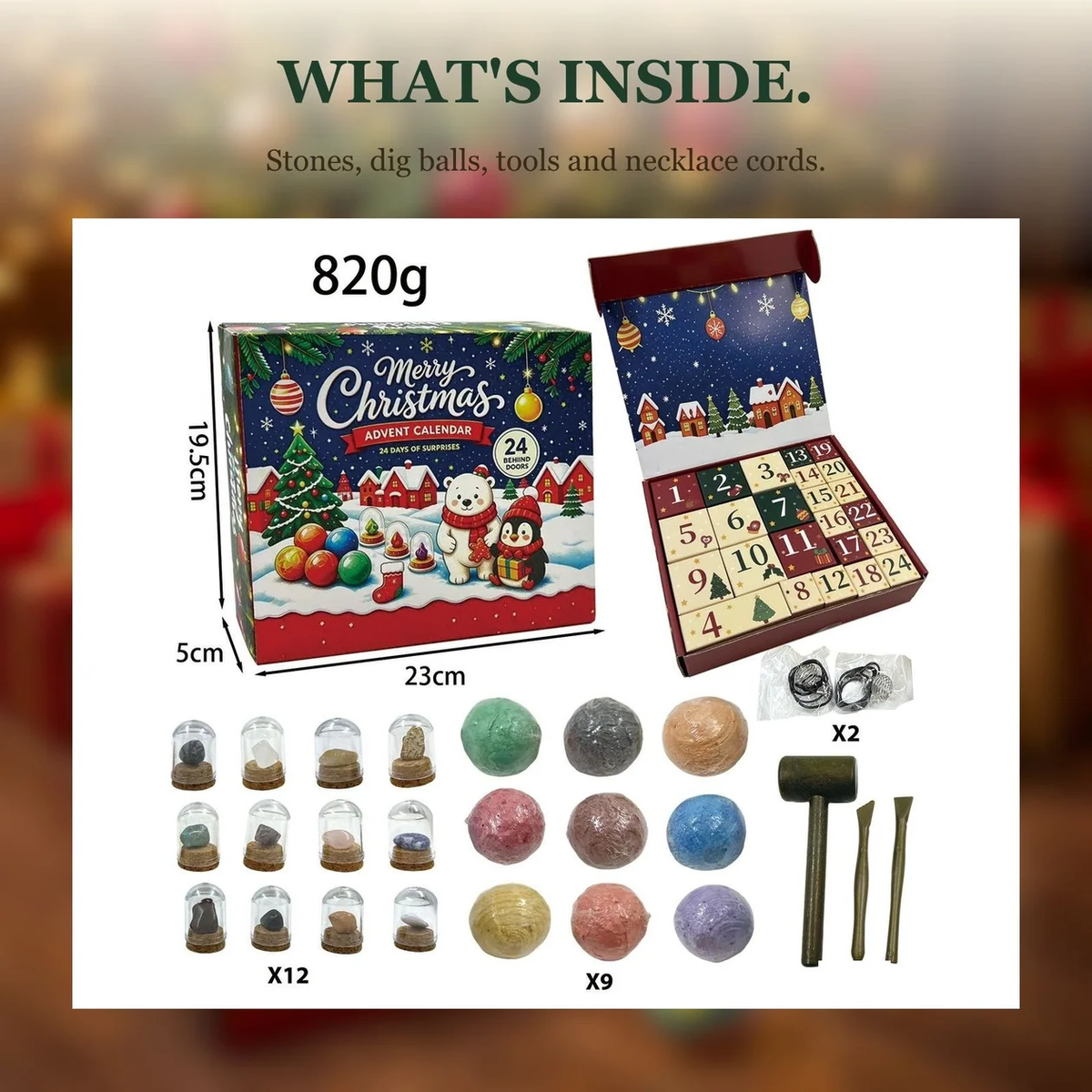 Gemstone Dig Advent Calendar contents: 12 mineral displays, 9 dig balls, hammer, 2 chisels, 2 necklace cords and box dimensions