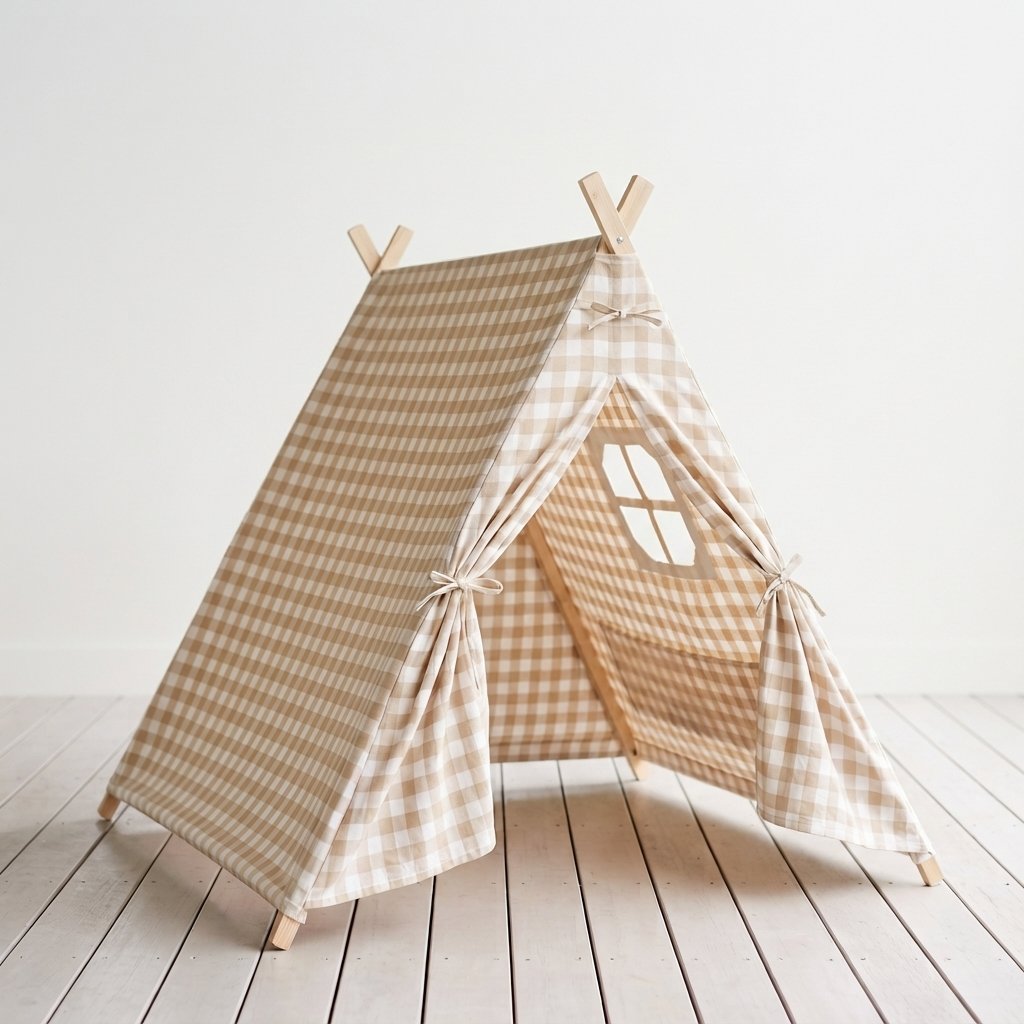 Children's Beige Gingham Canvas A Frame Play Tent