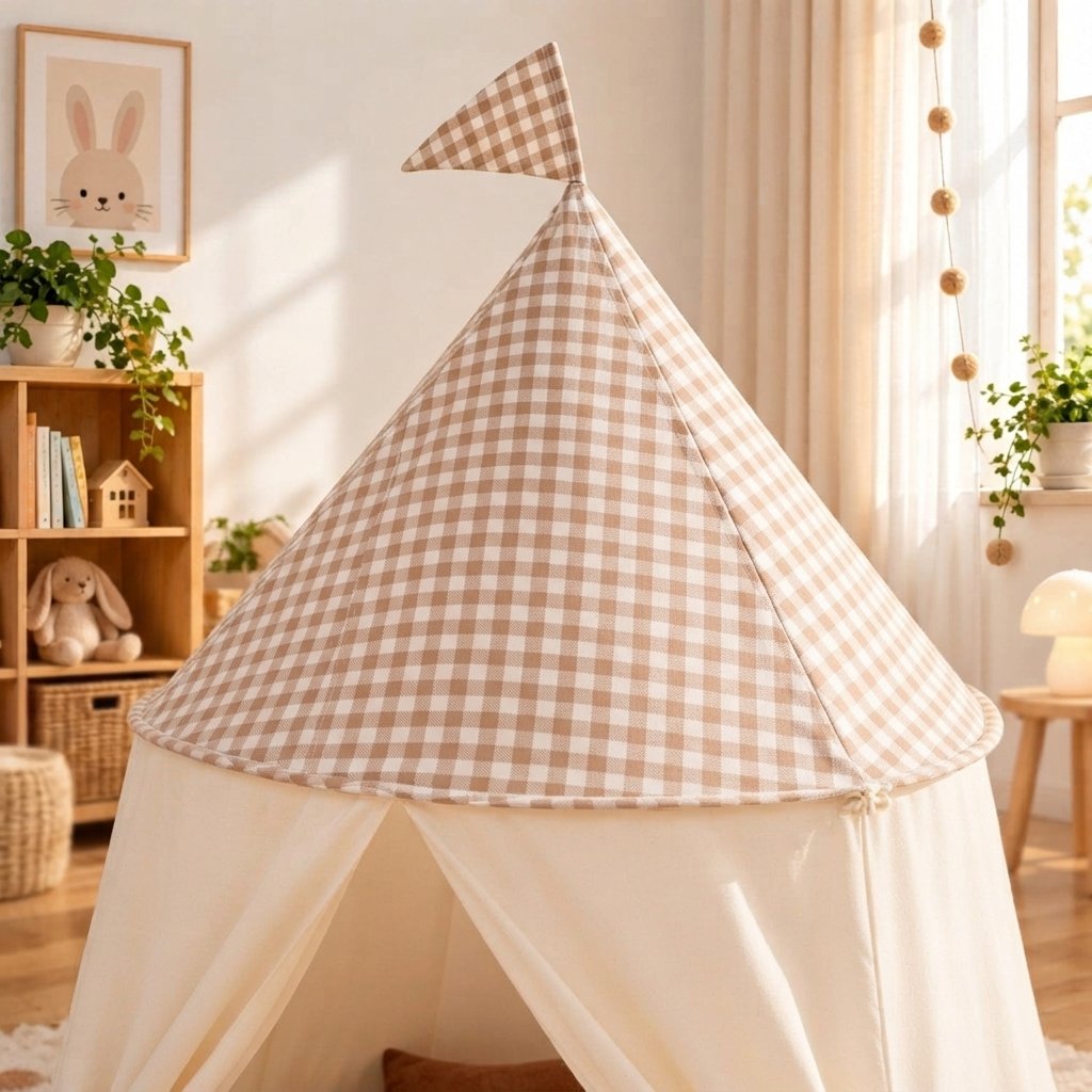Children's Pop Up Play Tent with Gingham Roof and Flag