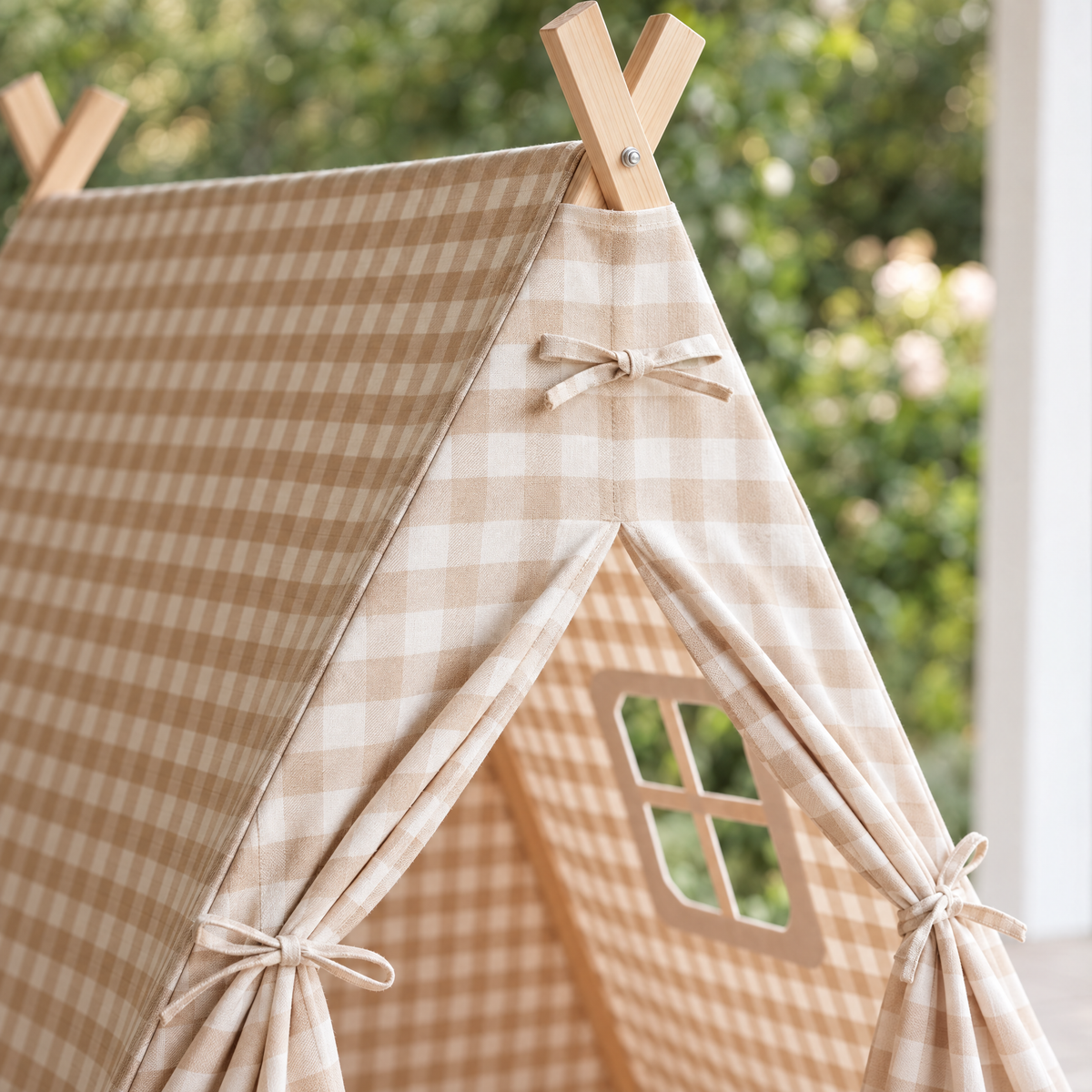 Children's Beige Gingham Canvas A Frame Play Tent
