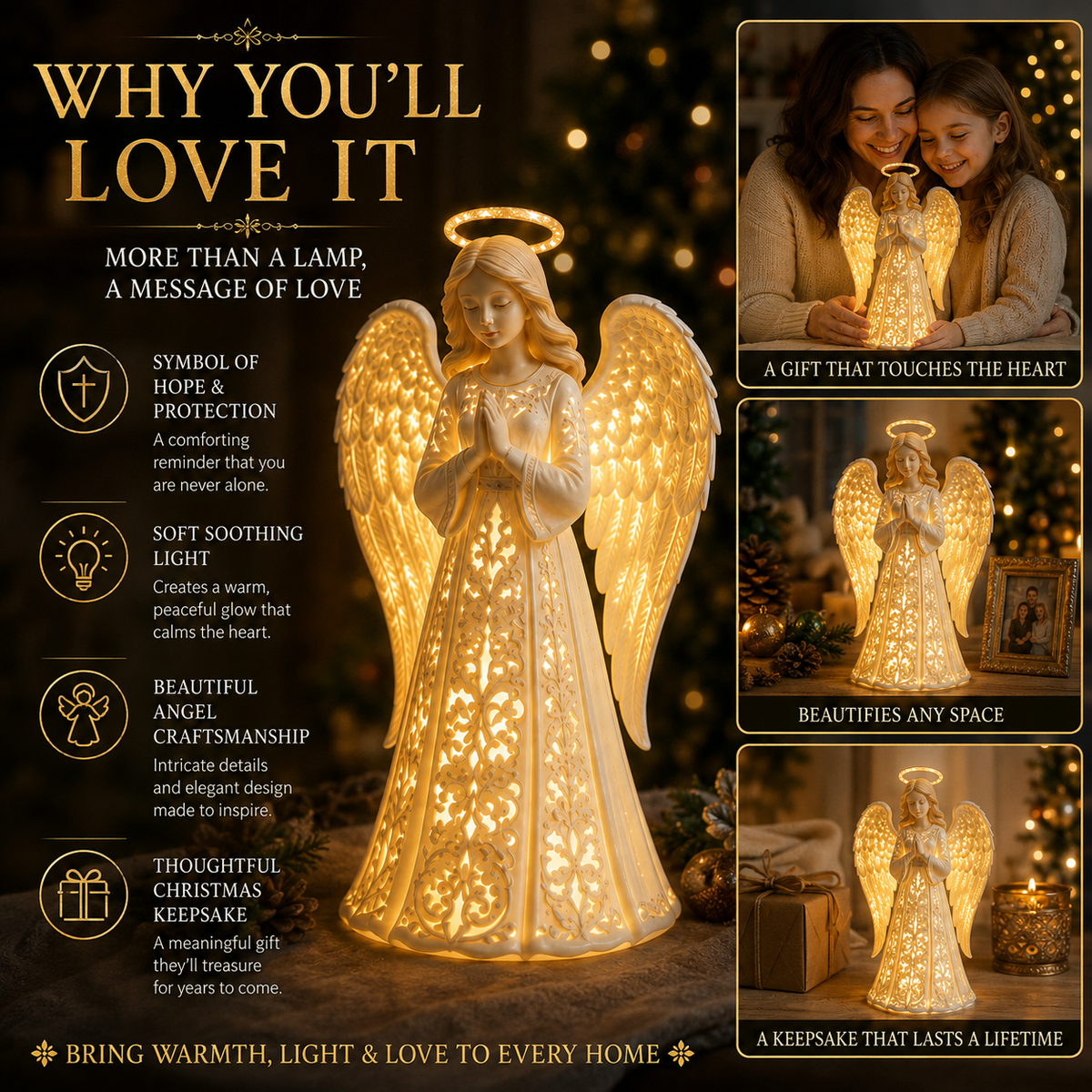 Battery Operated Christmas Angel Light with Warm White LED Glow