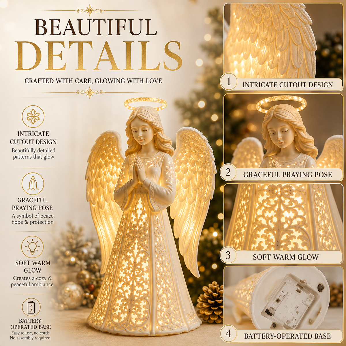 Battery Operated Christmas Angel Light with Warm White LED Glow