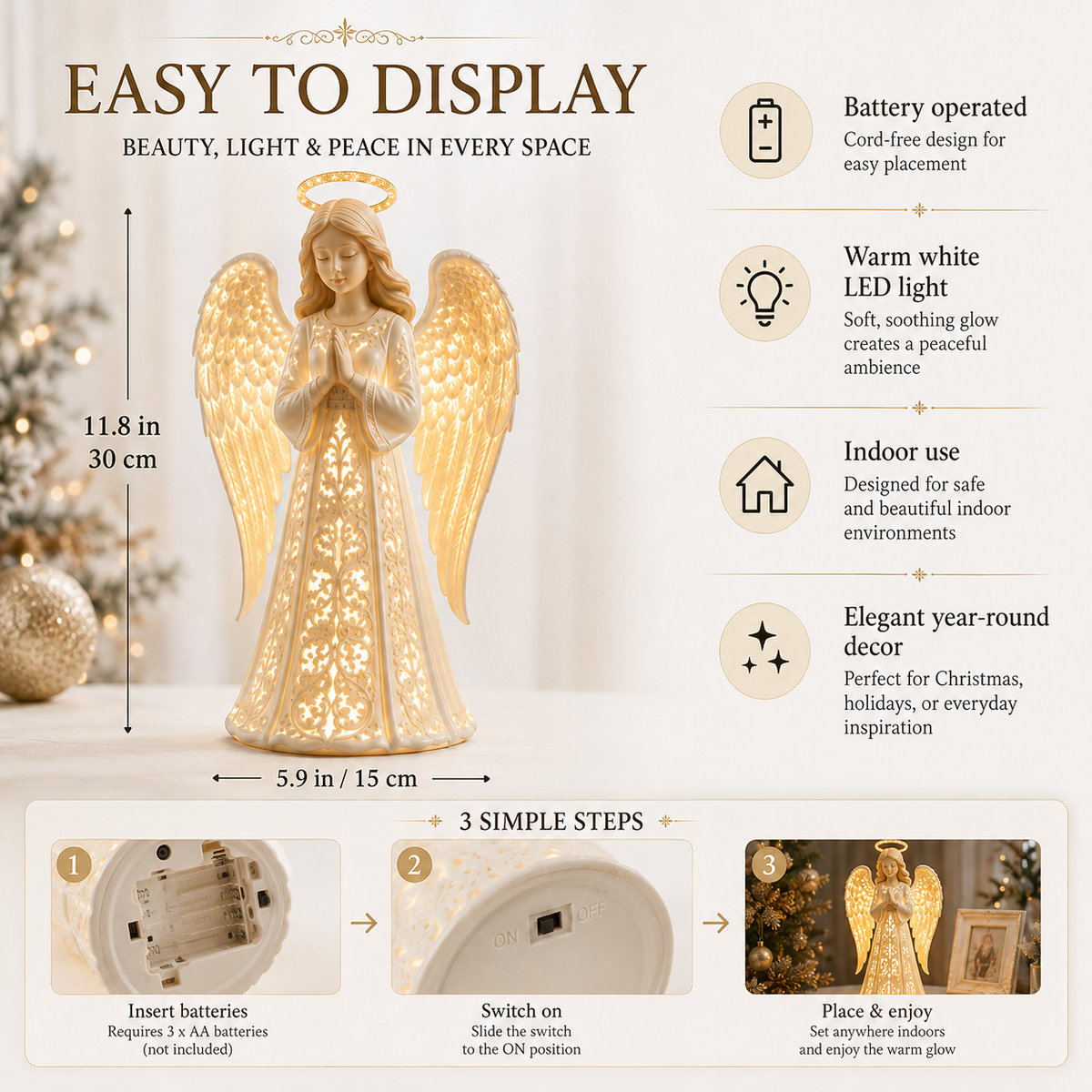 Battery Operated Christmas Angel Light with Warm White LED Glow