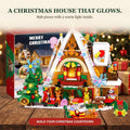 Supplier graphic of the Christmas snow house brick scene and package, labelled 898 pieces with a warm light inside.