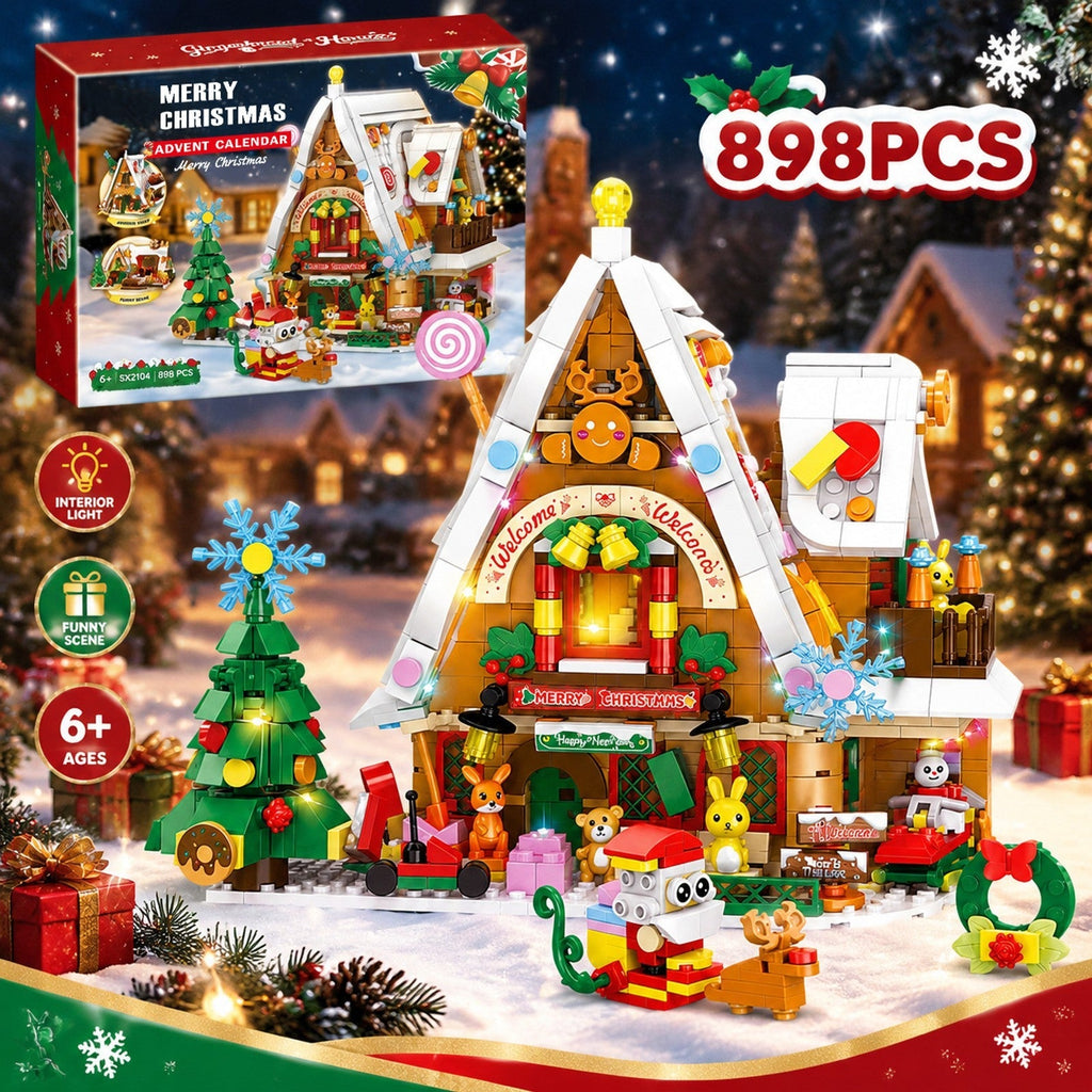 Supplier graphic showing the 898-piece Christmas snow house brick scene with an interior-light label and its package.