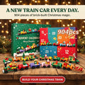 Christmas train advent calendar with numbered front panels, 904 pcs label, assembled brick train cars, a Christmas tree, Santa and a reindeer sleigh.
