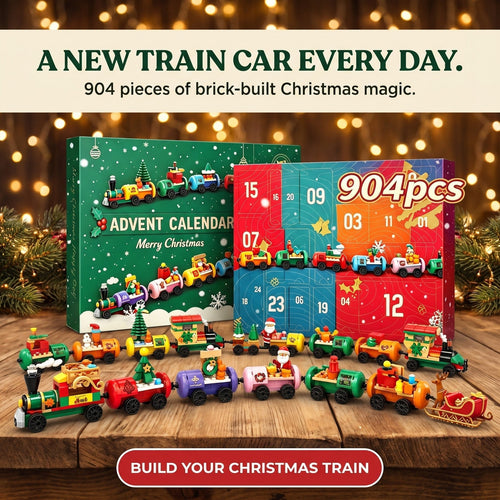 Christmas train advent calendar with numbered front panels, 904 pcs label, assembled brick train cars, a Christmas tree, Santa and a reindeer sleigh.