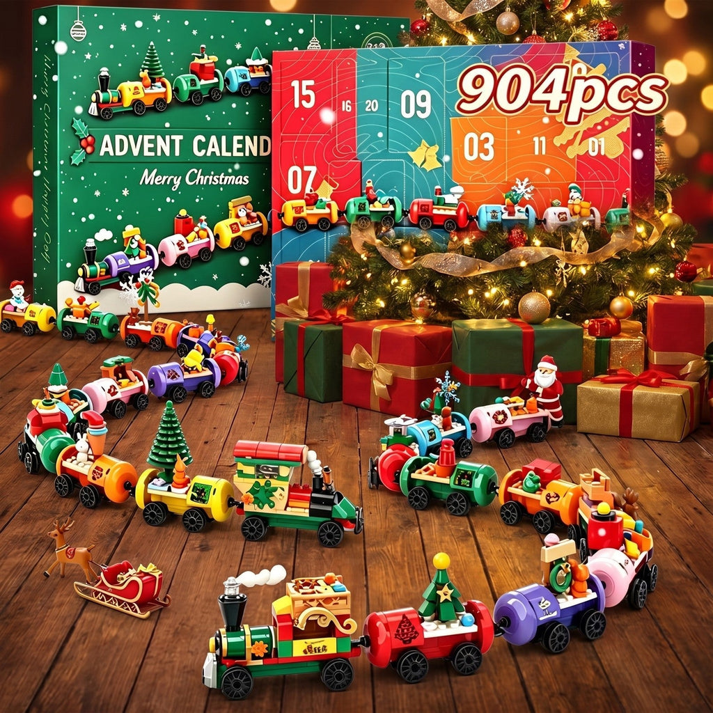 Christmas train advent calendar with numbered panels and 904 pcs label, shown with assembled brick train cars, a Christmas tree, Santa and a reindeer sleigh.