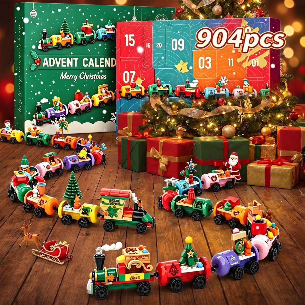 Christmas train advent calendar with numbered panels and 904 pcs label, shown with assembled brick train cars, a Christmas tree, Santa and a reindeer sleigh.