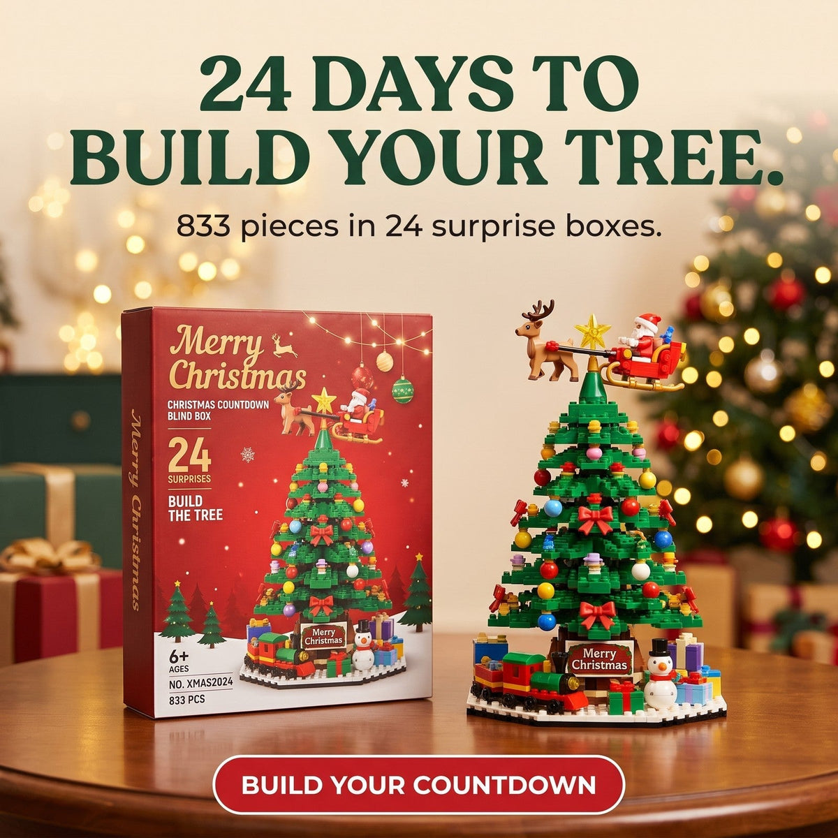 Christmas tree brick advent calendar box and completed tree, labelled 833 pieces in 24 surprise boxes