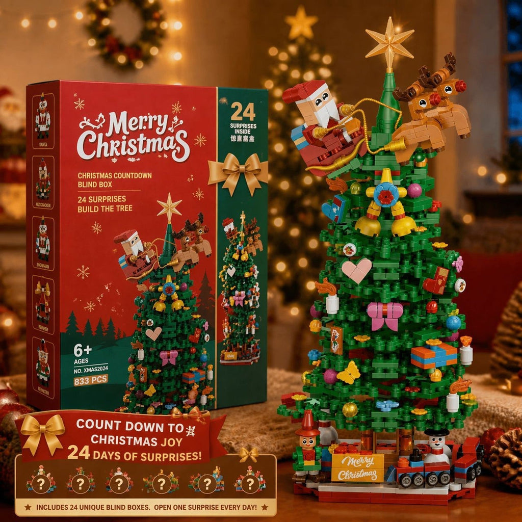 Christmas tree brick advent calendar box and completed tree with 24-day surprise-box countdown graphic