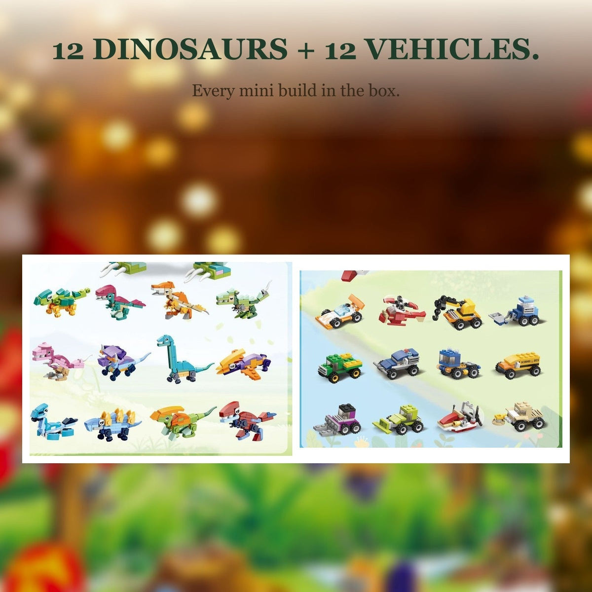 Supplier graphic showing 12 dinosaur and 12 vehicle mini brick builds.