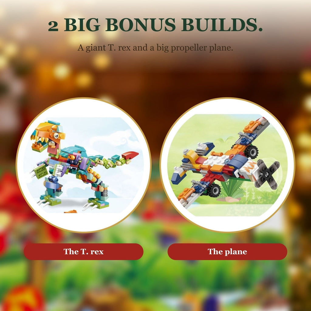 Supplier graphic showing the T. rex and propeller plane bonus builds.