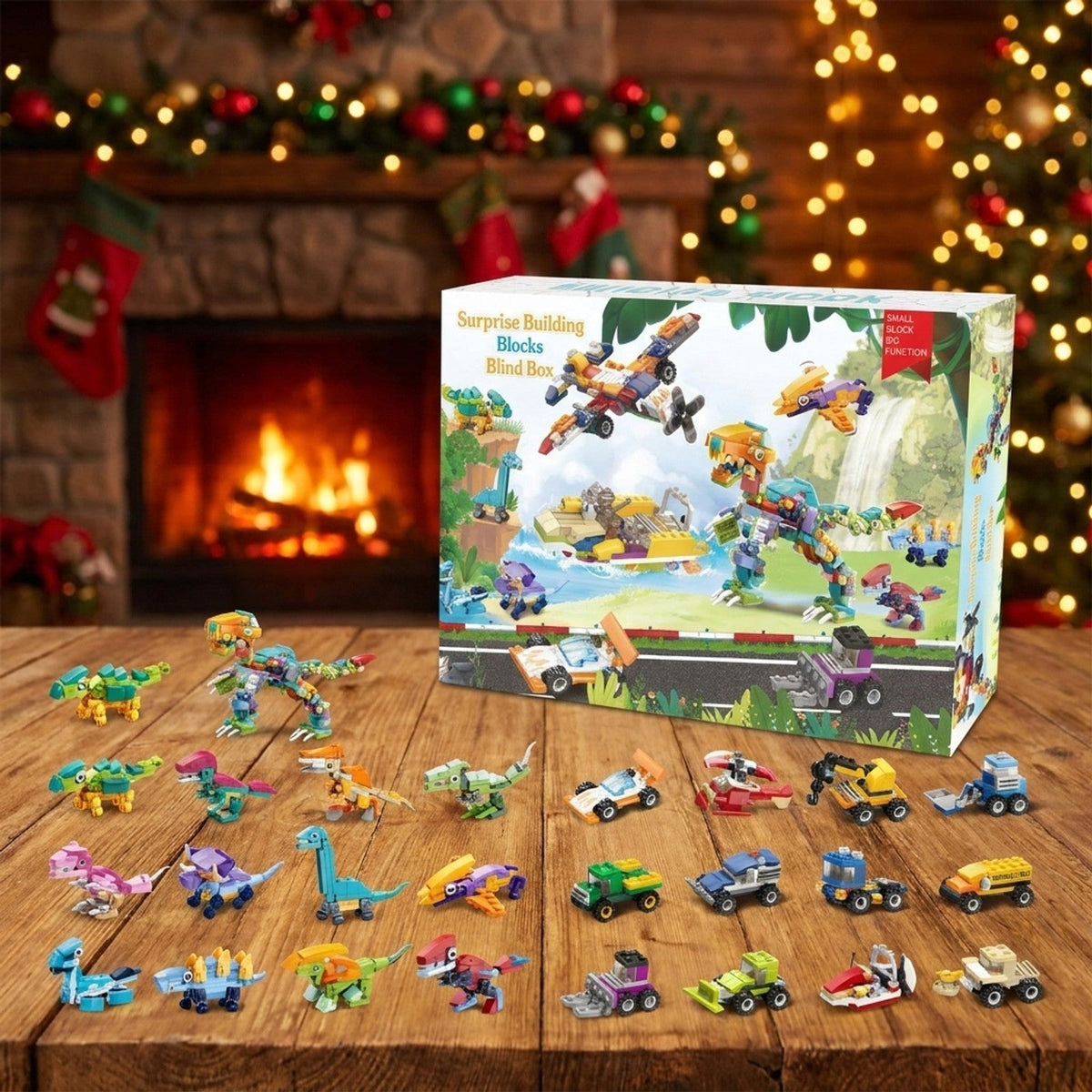Supplier photo showing the box alongside mini dinosaur and vehicle builds and the two bonus builds.