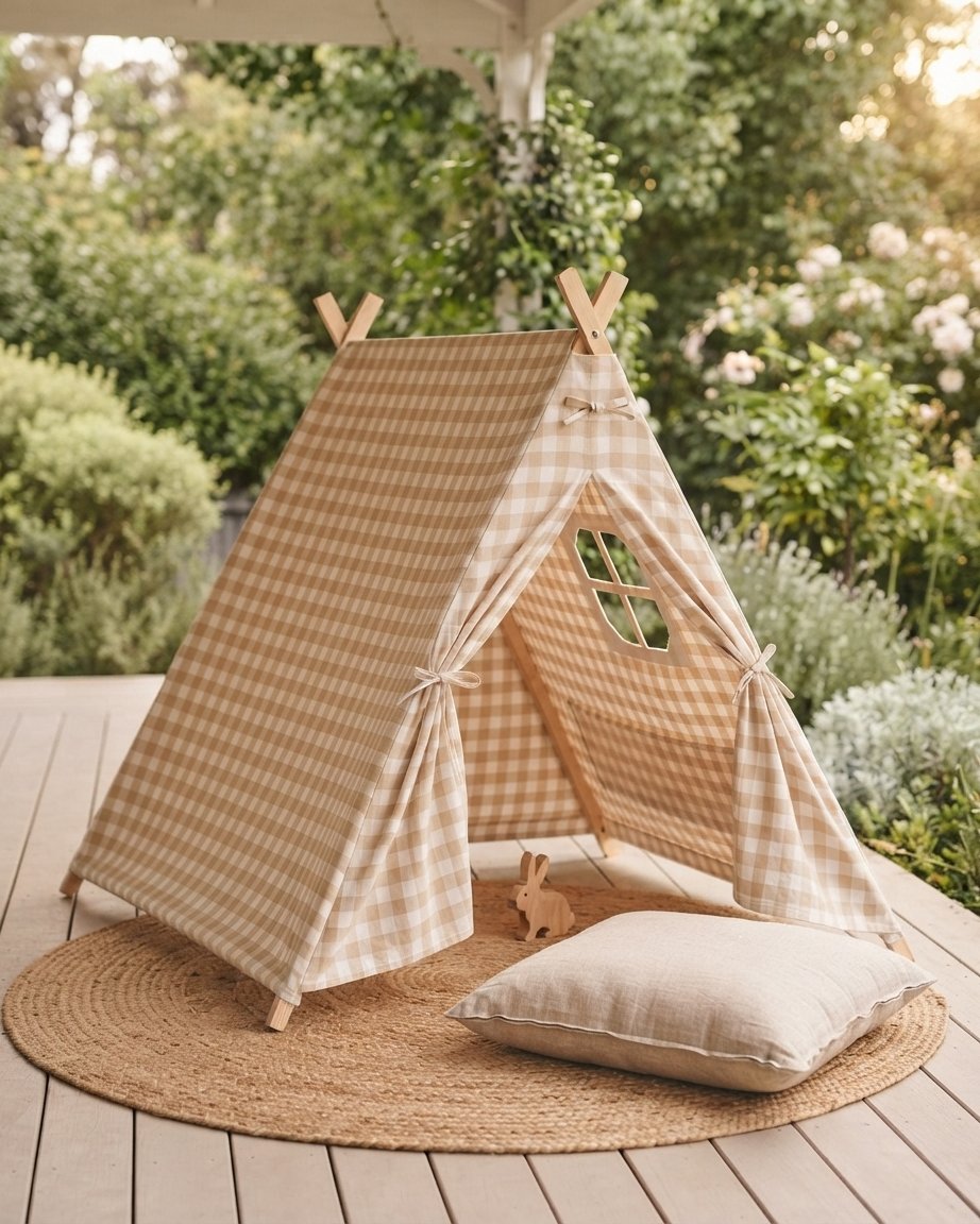 Children's Beige Gingham Canvas A Frame Play Tent
