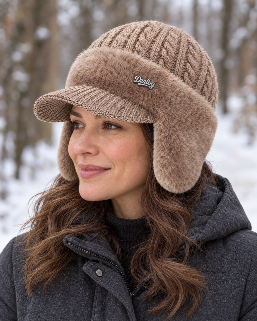 Winter Knit Trapper Hat with Ear Flaps Visor and Fleece Lining