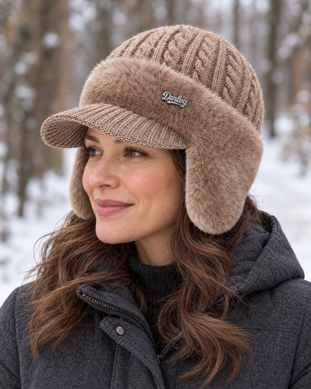 Winter Knit Trapper Hat with Ear Flaps Visor and Fleece Lining