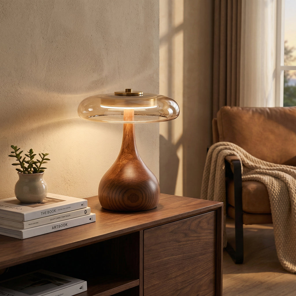 Wooden Table Lamp with Amber Glass Shade