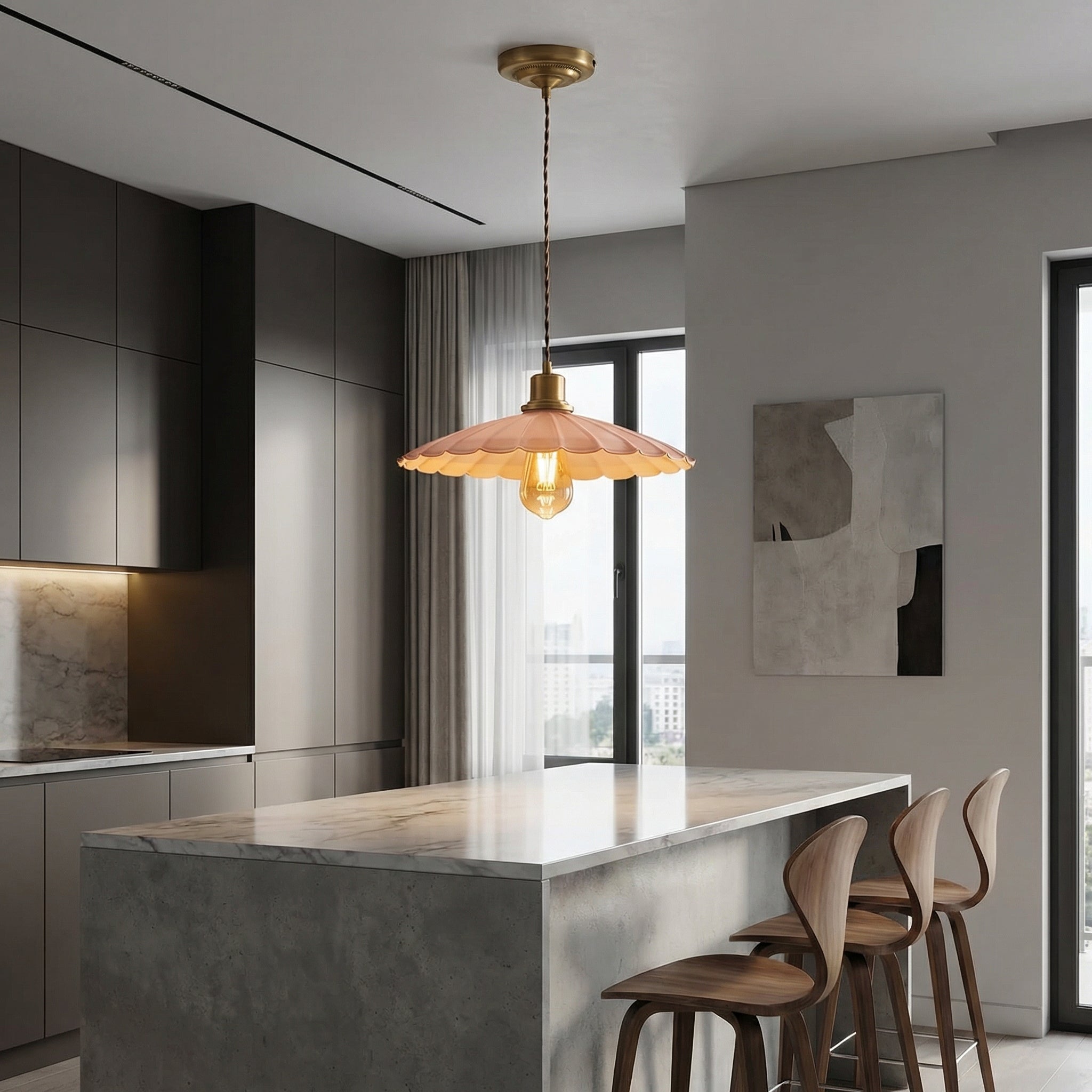 Roselle Dusky Pink Scalloped Pendant Light – Vintage Gold Accent